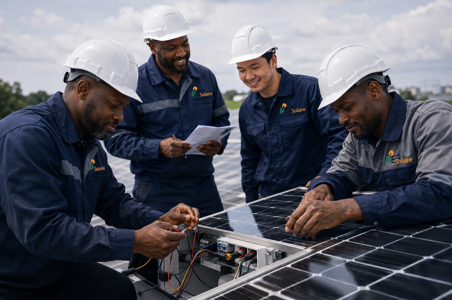 Travailleurs africains sur chantier solaire